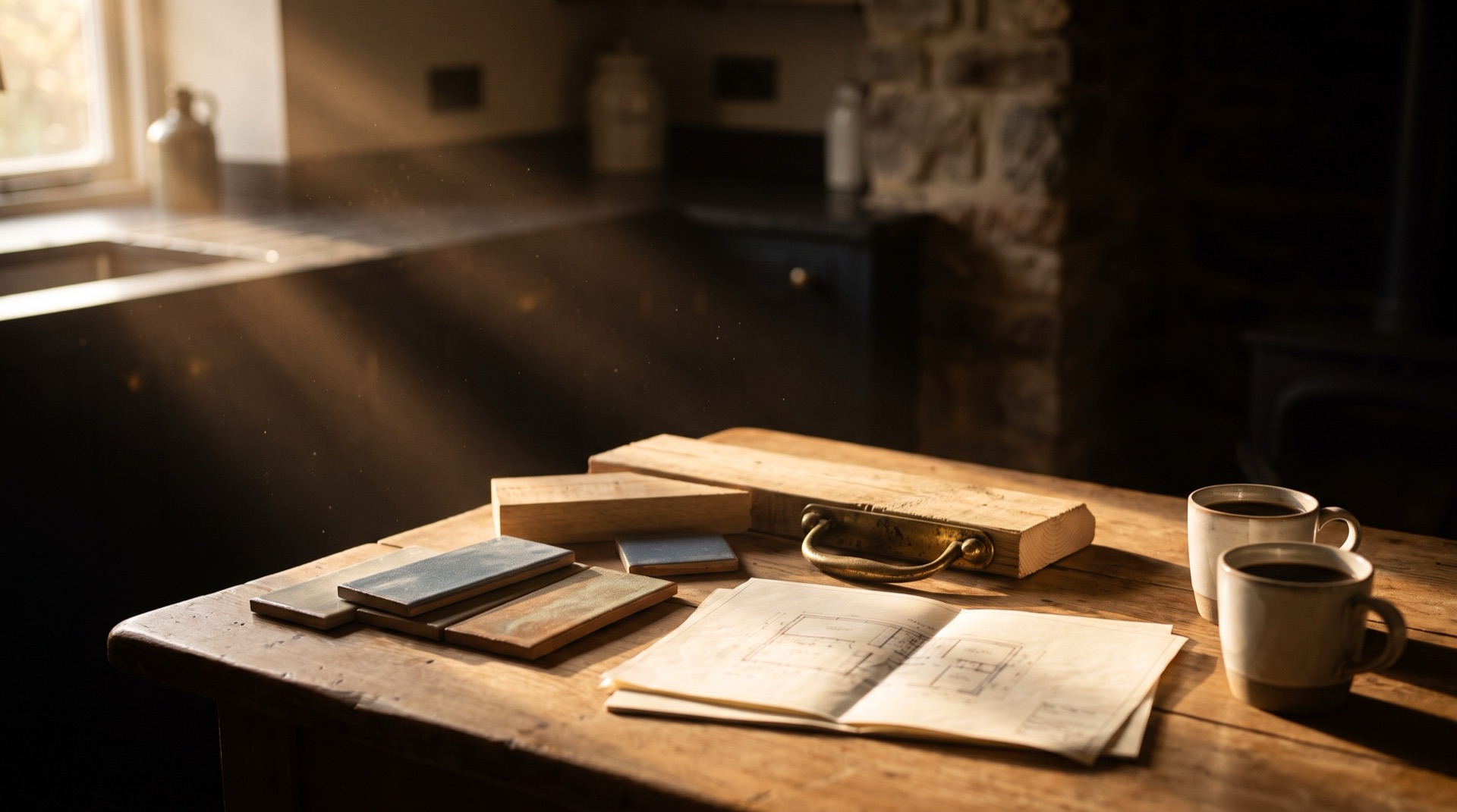 Material samples and drawings laid out on a kitchen table