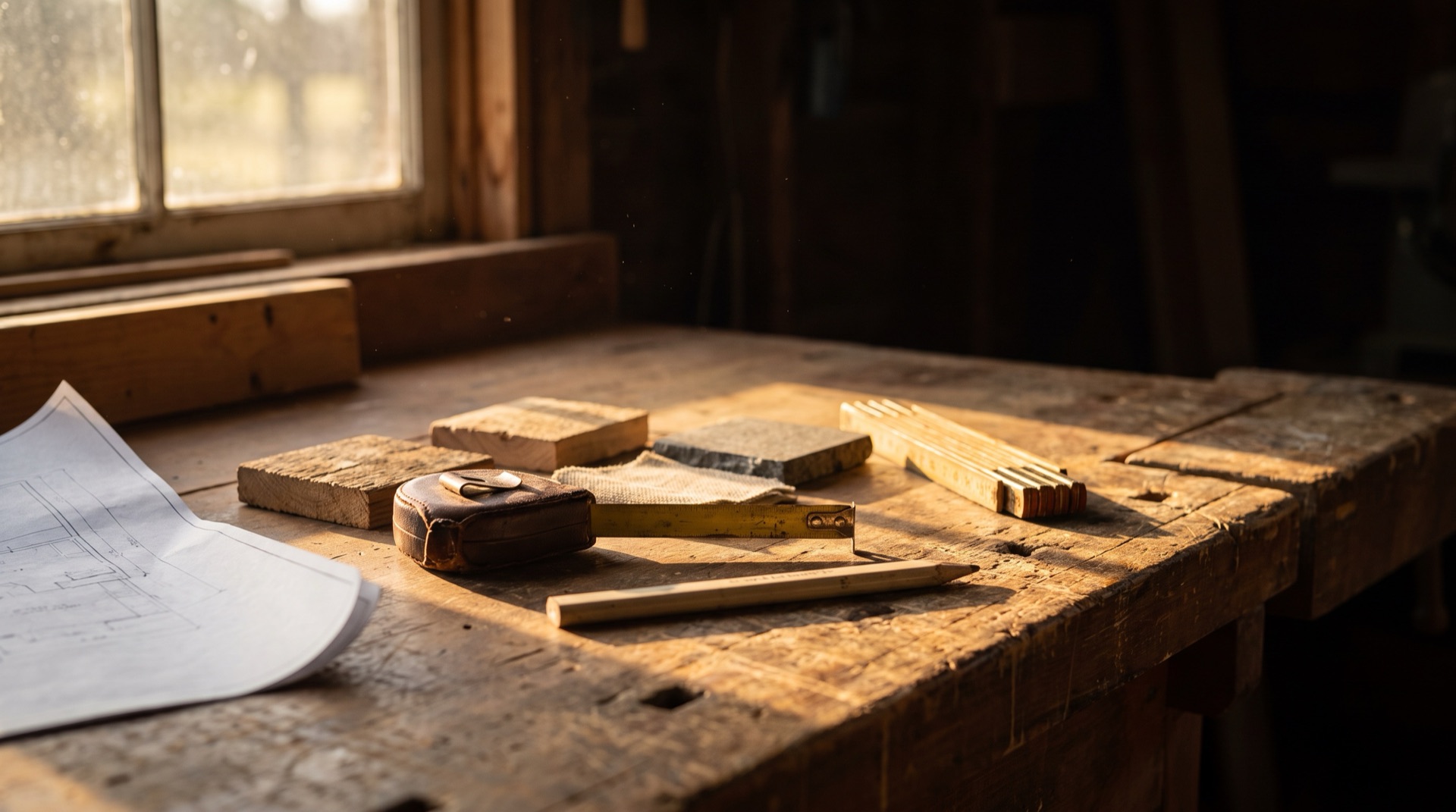 Drawings, a tape measure and material samples laid out on a workbench