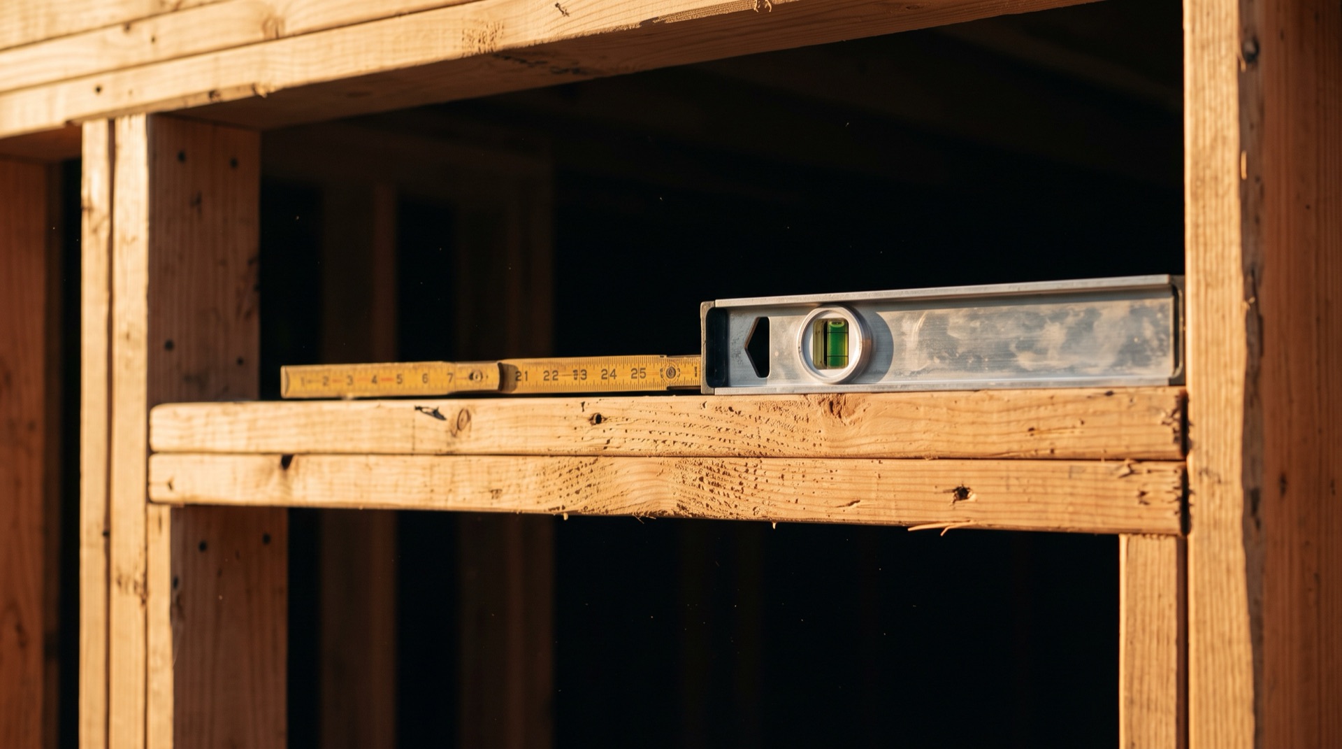 A spirit level resting on a freshly framed wall